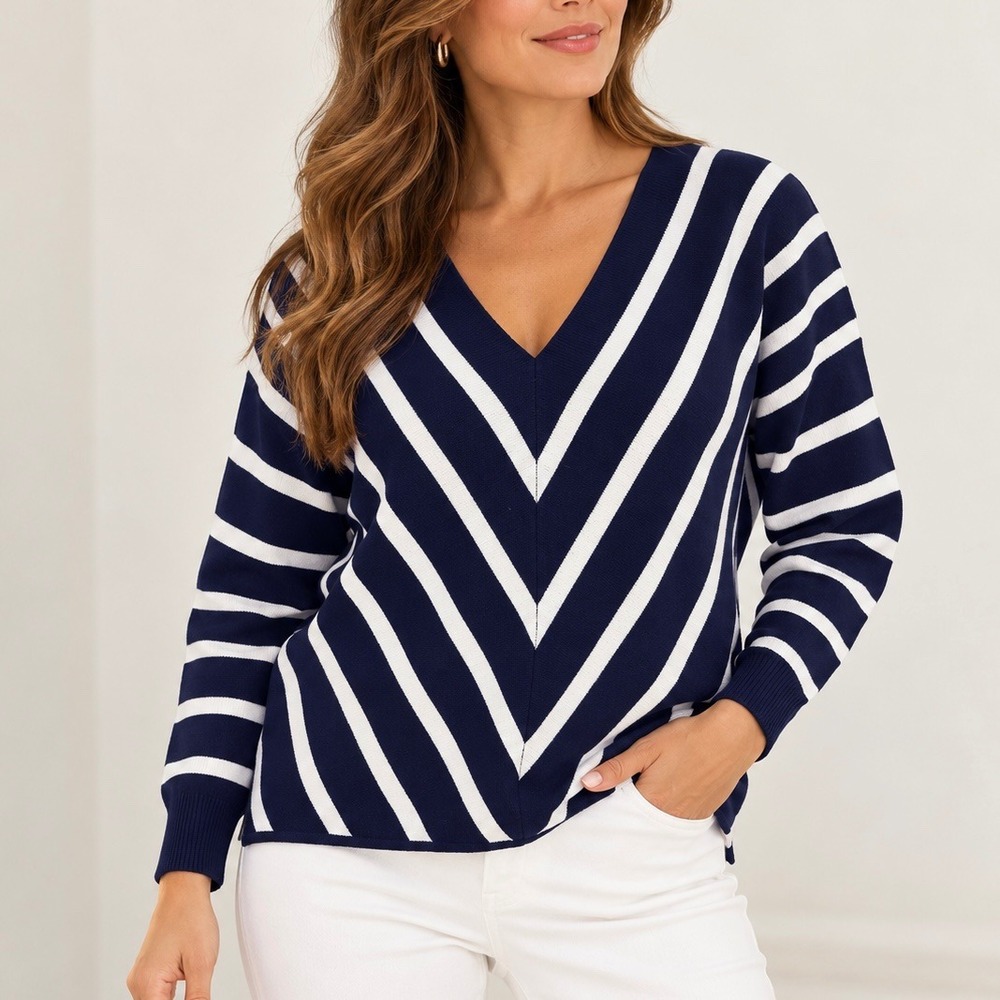 Metric Knits Navy Blue White Striped V-Neck Sweater Women Medium Chevron Knit